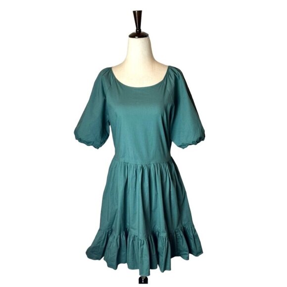 Peter Som Collective Dress‎ Womens 12 Green Puff Sleeve Tie Fit And Flare Mini - Picture 2 of 12